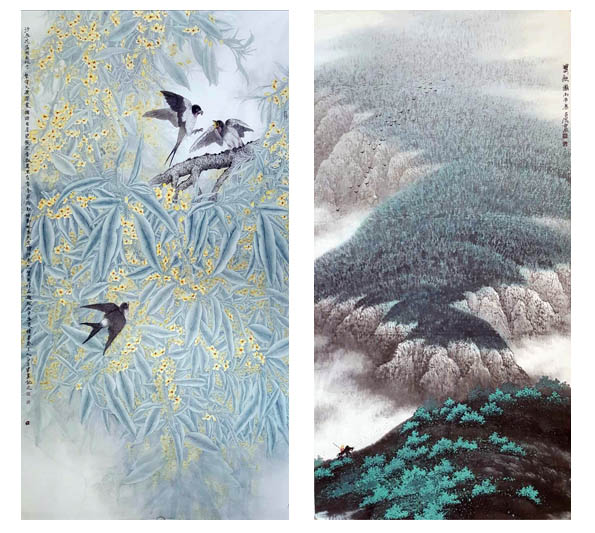 左《沙枣花开》96cmX180cm右《春歌图》96cmX180cm
