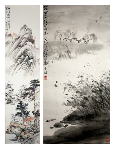 左《霜叶经秋已渐红》34X138cm右《溪山春晓》34X70cm