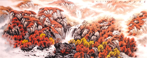 《秋瀑如烟枫如火》规格：71x180cm