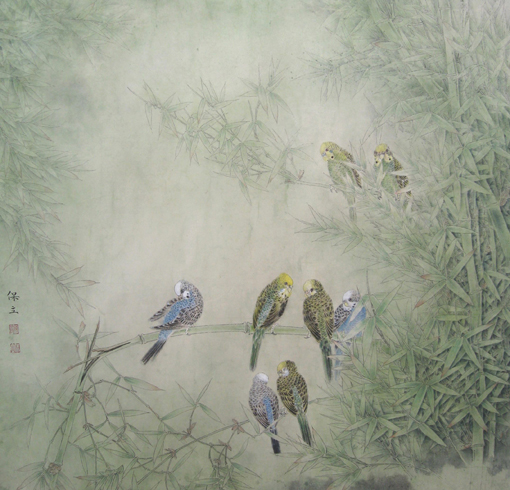 《林静鸟谈天》2015年作 85x85cm 《林静鸟谈天》2015年作 85x85cm