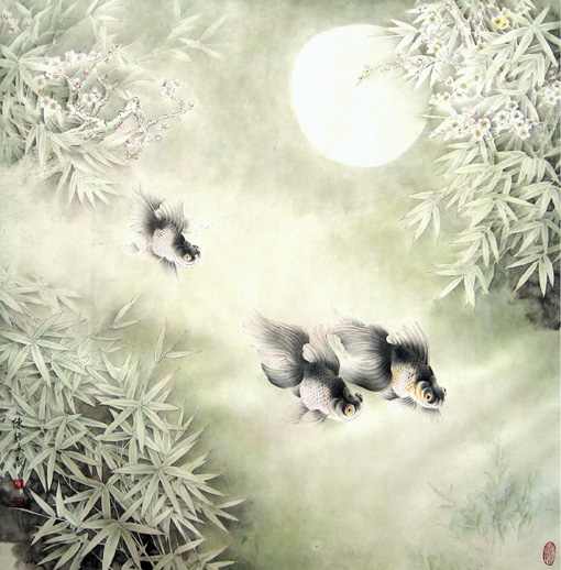 《水清鱼读月》2006年作 85x85cm 《水清鱼读月》2006年作 85x85cm