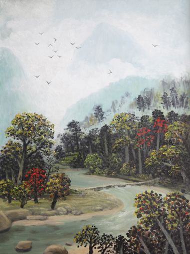 《野生保护鸟成群》油画规格：59X79cm（联合国成立70周年纽约画展）