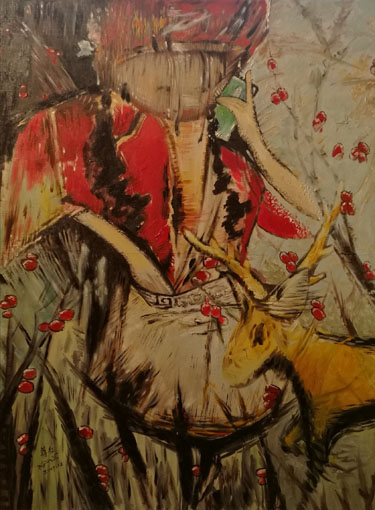 油画《给妈妈打电话的山妞》80x120cm2017年