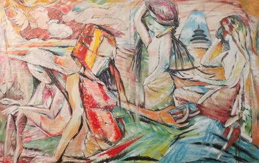 油画《玩手机的女子》80x130cm2017年