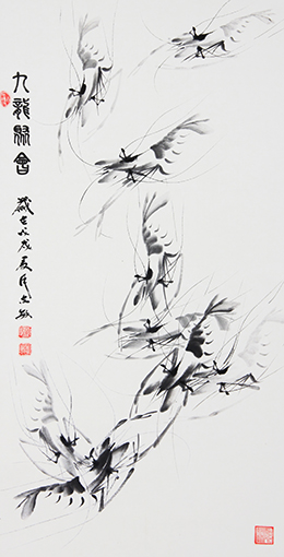 国画作品《九龙聚会》规格：138X69cm