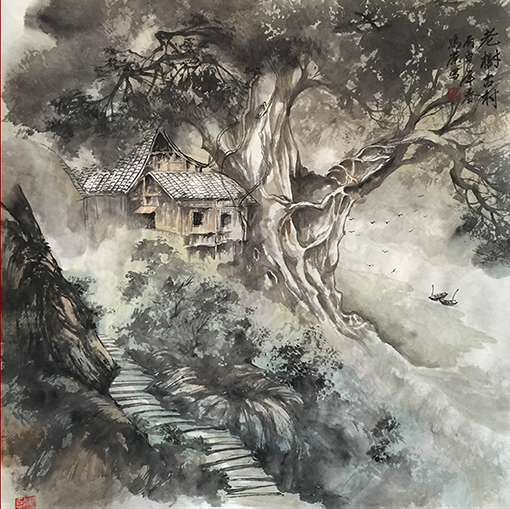 《老树古村》规格：68x68cm
